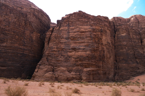 [20111114_135857_BlackEagle.jpg]
On our first few days in Jordan we met the Wuber Brothers, italians with plenty of Jordan trips under their belt. They had recommended the 'Black Eagle' route for a change of style: bolted face climbing. Not in the Howard guidebook, the route is on the eastern side of Jebel Rum and follows the obvious black streak in the middle of the photo. Adbullah can take you to the base.