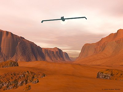 [StrangerInSky.jpg]
A recon drone flying above Valles Marineris - © 1999 Walter Myers.