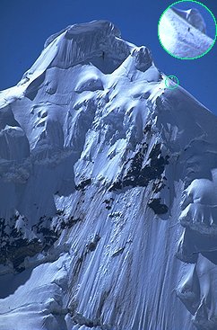 [ToclaFace.jpg]
A picture taken by a friend showing me nearing the summit of Toclaraju, Peru. I'm visible as little more than a black fleck, even on the highest resolution scan.