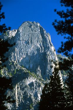 [Sentinel.jpg]
The Sentinel seen from the Valley. The Steck Salathé follows the major crack system on the pillar on the right and then on the main upper face.