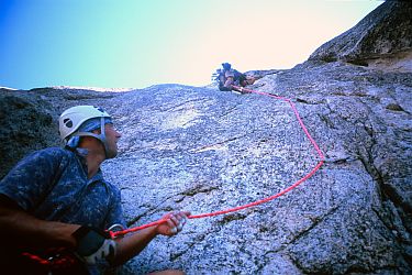 [LuckyStreakCrux.jpg]
(A different) Guillaume belaying Vincent on the crux of Lucky Streak.
