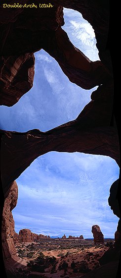 [DoubleArch_Vpano.jpg]
180° vertical panorama (4 horizontal pictures) of Double Arch, Utah. The horizon is visible both at the bottom and at the top of the picture, reversed.