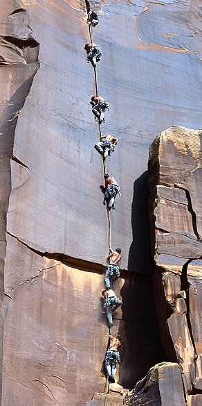 [SuperCrackJasonSequence.jpg]
Example of digital manipulation put to good use: sequence of pictures of Jason on SuperCrack in Utah. Put the camera on a tripod, take a bunch of shots, scan them all then use the clone brush of your graphic program to copy the different climbers from each separate shot.