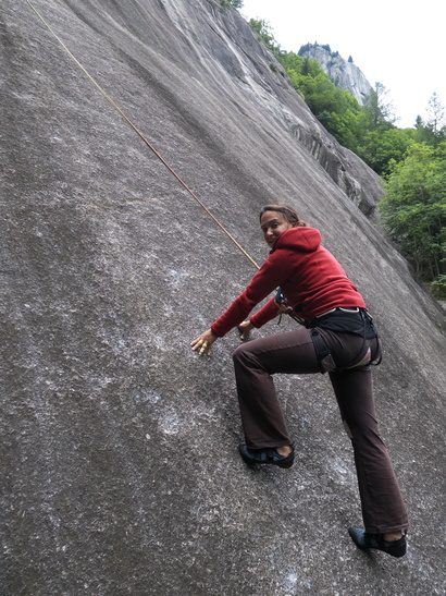 [20110728_135037_ValDiMelo.jpg]
An example of the very smooth slabs you can find in val di Mello. After a while your eyes go cross from straining to find slight rugosities on the rock that you will have to use as a 'hold'. On the cliff there are 60m pitches with only two rusty bolts, with absurd grades like 5+ that I wasn't even able to toprope after shaking all the way back down on my lead attempts.