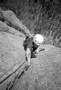 [BW_WaltBailey.jpg]
I ran out of gear for the end of the route and had to backclean. An excellent route for finger and toe jams. Or even hand jams towards the end, as you can see Jenny in action...