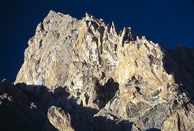 [TetonExumRidgeFromPass.jpg]
The Exum ridge of Grand Teton as seen from the pass in the evening before the ascent.