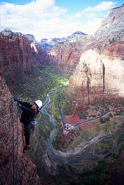 [ZionNEbuttTraverse.jpg]
Jenny on the traverse around the arete at the end of the crux pitch.