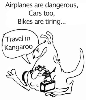 [Vacances-65-en.jpg]
Reiser about airports, page 5/5:
Airplanes are dangerous, Cars too, Bikes are tiring...
Travel in Kangaroo