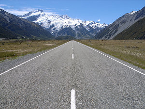 Arrival road to Mt Cook village with Sefton right ahead
