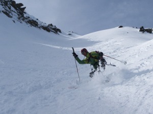 Steep skiing in deep snow at the Pt Eglise