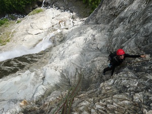 Climbing next to the Villard waterfall