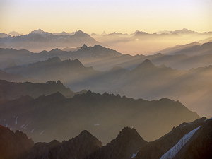 Early morning light across the Alps, with the Materhorn far on the horizon