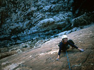 Jenny on the runout Rock Warrior (5.10R). Red Rocks