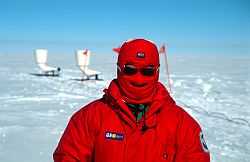 DomeC_FaceMask - Researcher wearing a face mask against extreme cold at Dome C, 1998