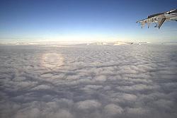 BrockenSpectrumFlight2 - Brocken spectrums are commonly seen from airplanes when the shadow of the aircraft is projected on the clouds below, here when flying above the Transantarctic range.
[ Click to go to the page where that image comes from ]