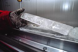 IceCoreSlice2 - An ice core, split lengthwise so as to get access to the clean center. The bigger part stays in Dome C for reference while the slice is sent to european laboratories for detailed analysis.
[ Click to go to the page where that image comes from ]