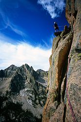 ElephantLookUpV - Brad wondering where the route goes. Elephant's Perch, Sawtooth Mountains, Idaho, 2003
[ Click to go to the page where that image comes from ]