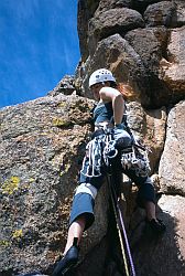 RobinJennyLead1 - Jenny leading Batman rock, Lumpy Ridge, RMNP, Colorado