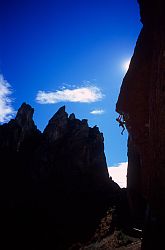 SmithBacklit - Backlit climber on overhang. Smith Rock, Oregon, 2003
[ Click to download the free wallpaper version of this image ]
