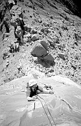 BW_JennyFoot - Jenny on pitch 2 of Fine Jade (5.11a). Moab, Utah, 2003
[ Click to go to the page where that image comes from ]