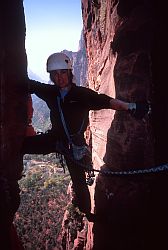 ZionIronChimney - Jenny in the chimney of Iron Messaiah. Zion, Utah, 2003
[ Click to go to the page where that image comes from ]