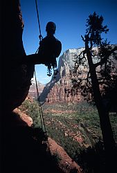 ZionIronRappel - Jenny rappelling off Iron Messaiah. Zion, Utah, 2003
[ Click to go to the page where that image comes from ]
