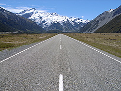 20051224_0255_MtCookRoad - Road leading to Mt Cook village, with Mt Sefton a likely destination, NZ.
[ Click to download the free wallpaper version of this image ]