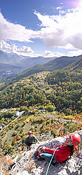 20061014-PonteilTopVPano_ - Jenny belaying Agostino from the summit of the Ponteil in lovely autumn colors.
[ Click to go to the page where that image comes from ]
