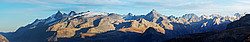20071023_180611_MeijePano_ - Part of the Ecrins range as seen from the Taillefer in autumn. The Meije is the leftmost summit. The small but characteristically shaped gash 2/3 into the image is recognizable as the Coup de Sabre, a classic couloir between Pic Sans Nom and Ailefroide.
[ Click to go to the page where that image comes from ]