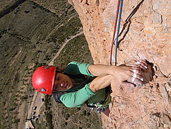 20071030-132710_RiglosPison - Climbing the stiff overhangs of Mallos de Riglos. The holds are good and large in most cases, but they are also sloppers with more than their fair share of polish. In particular the feet always feel unsecure. 
[ Click to go to the page where that image comes from ]