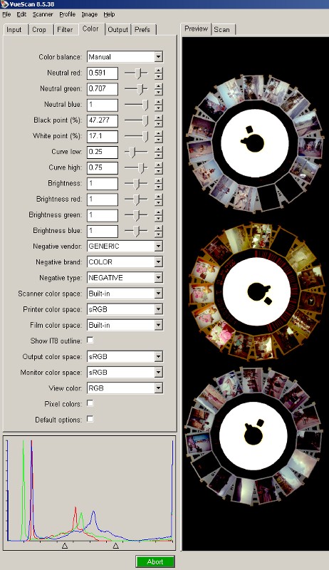 [KodakDiscPreview2.jpg]
A preview showing 3 Kodak discs on the scanner. Note the difference in color balance between each. Also note the plastic axle of the disc resulting in a lot of white area while the surroundings of the disc result in a lot of black area, thus making a precise white/black point determination difficult.