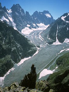 Looking up the Glacier Noir from the summit of Soleil Glacial, view on Mt Pelvoux and Ailefroide